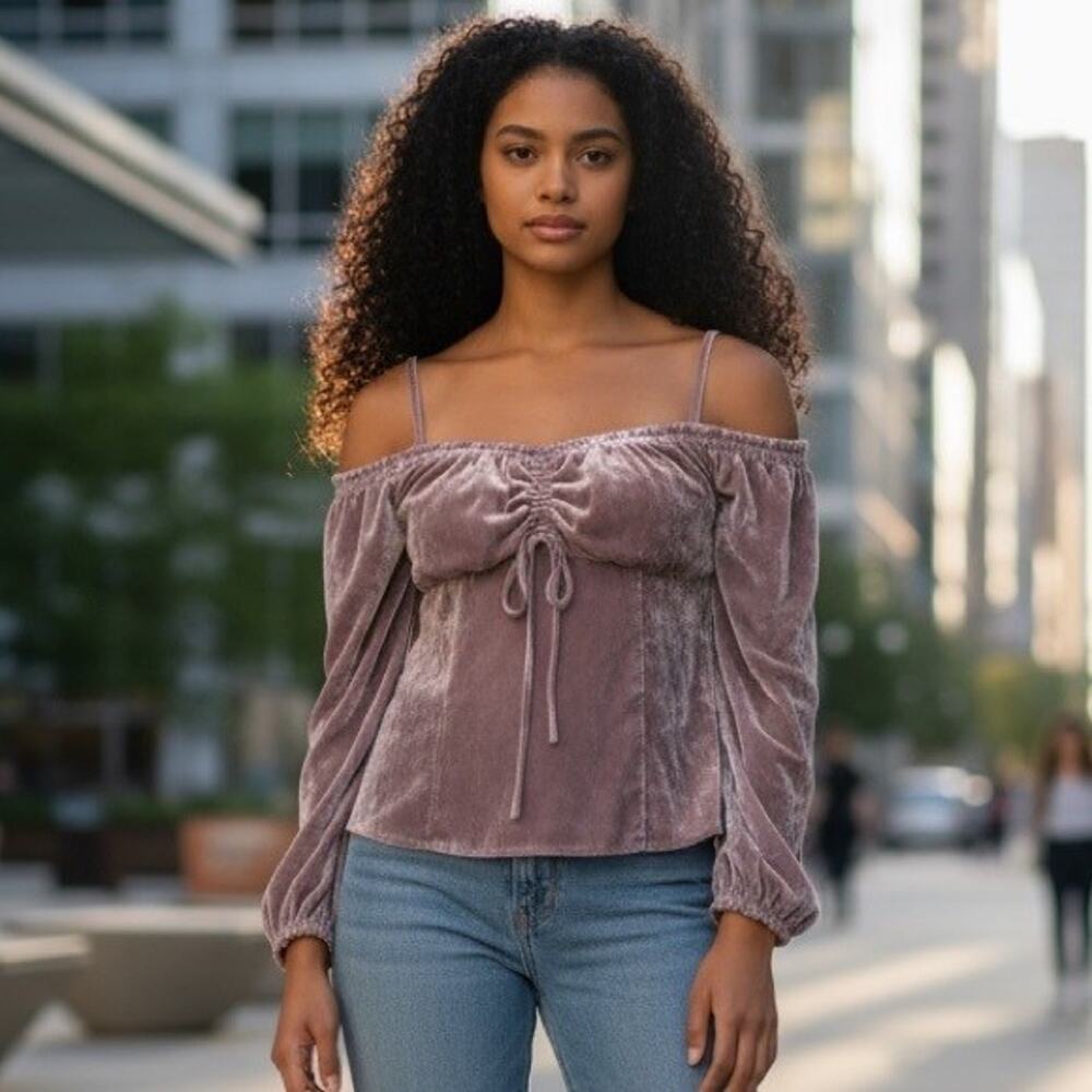 INTERMIX purple velour off shoulder long sleeve top size 4